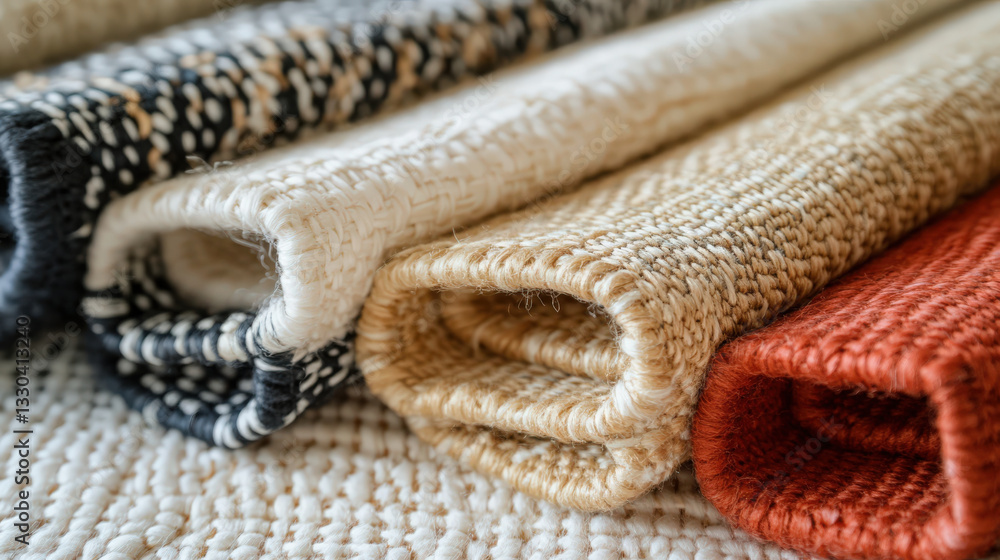 Poster rolled woven rugs. a close-up highlights the texture and color variations in a stack of neatly rolle