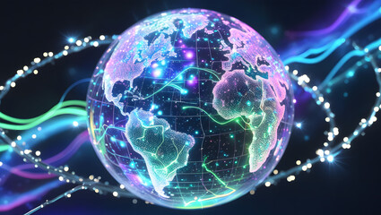 Obraz premium Digital Globe with Network Connections and Glowing Paths