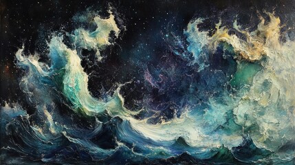 Abstract painting of turbulent waves in a night sky, with swirling colors and stars.