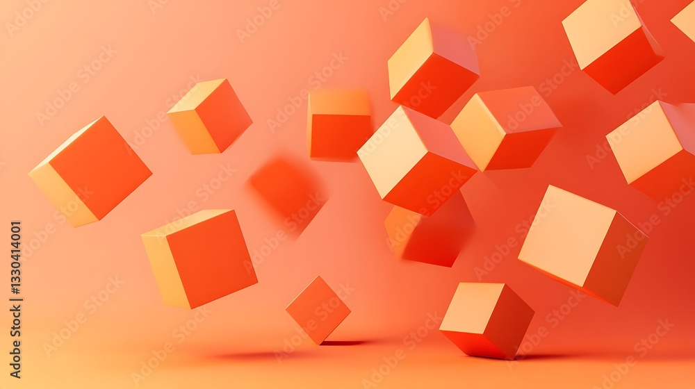 Poster abstract geometric composition with floating orange cubes in minimalist design