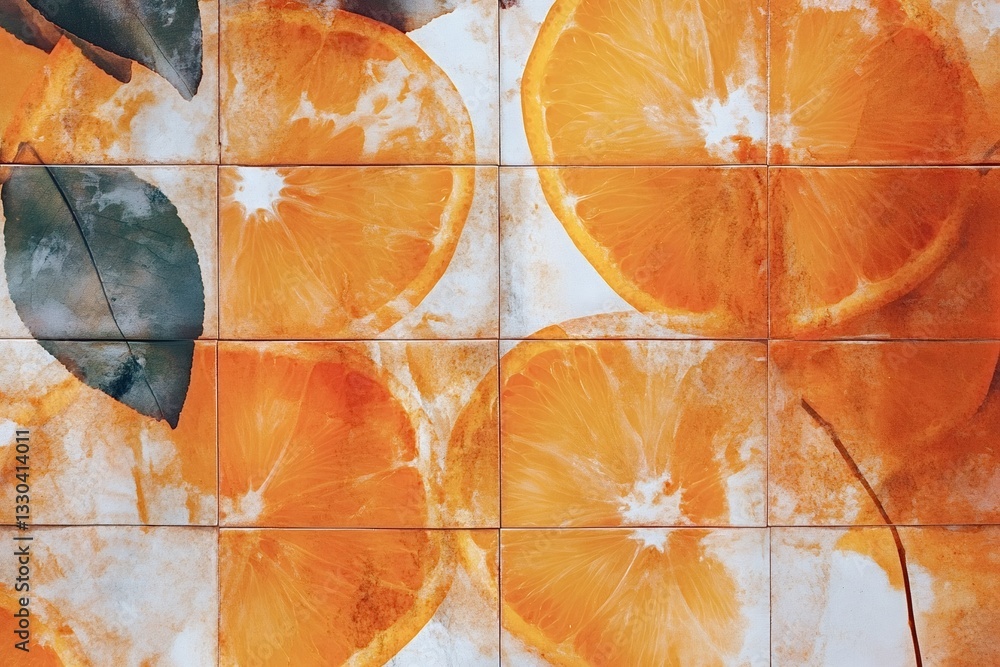 Poster creating a vibrant and refreshing pattern, several orange slices rest on a tiled surface, capturing 