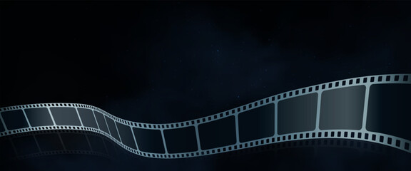 Realistic film stripe wave on blue background with bright stars. Modern 3d isometric film strip in perspective. Cinema Background with film reel. Design template cinema festival banner, poster.