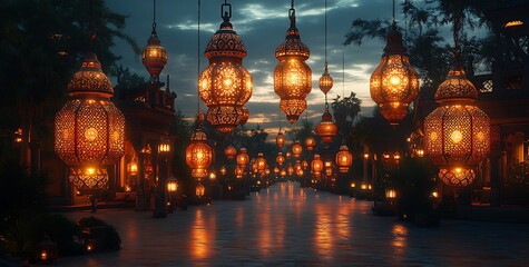 Obraz premium Ornate Lanterns Illuminating a Pathway Among Palm Trees at Dusk