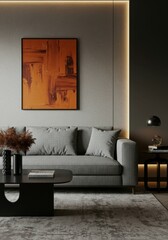Modern and inviting space with minimalist furniture, abstract artwork, and comfortable ambiance.