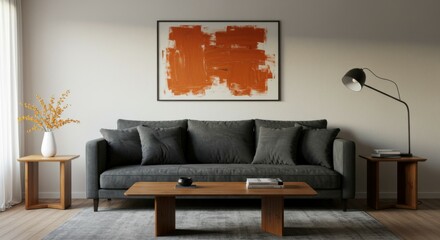 Cozy and elegant living room with a stylish sofa, minimalist table, and welcoming abstract art.