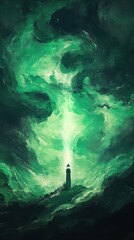 Obraz premium A Lighthouse Shining Brightly Amidst A Stormy Green Sky