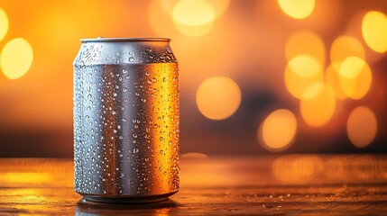 Aluminum soda can with condensation on wooden table and orange background

