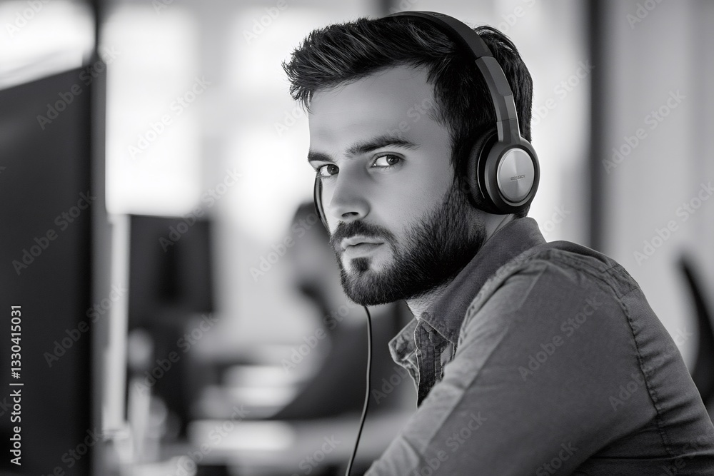 Poster young bearded programmer wearing headphones, focused on coding at a computer in a bright, modern off