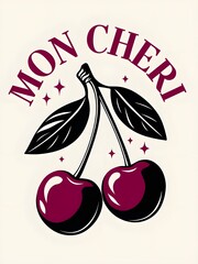 Elegant Minimalist Dark Pink Cherries with Mon Ch&eacute;ri Text Poster