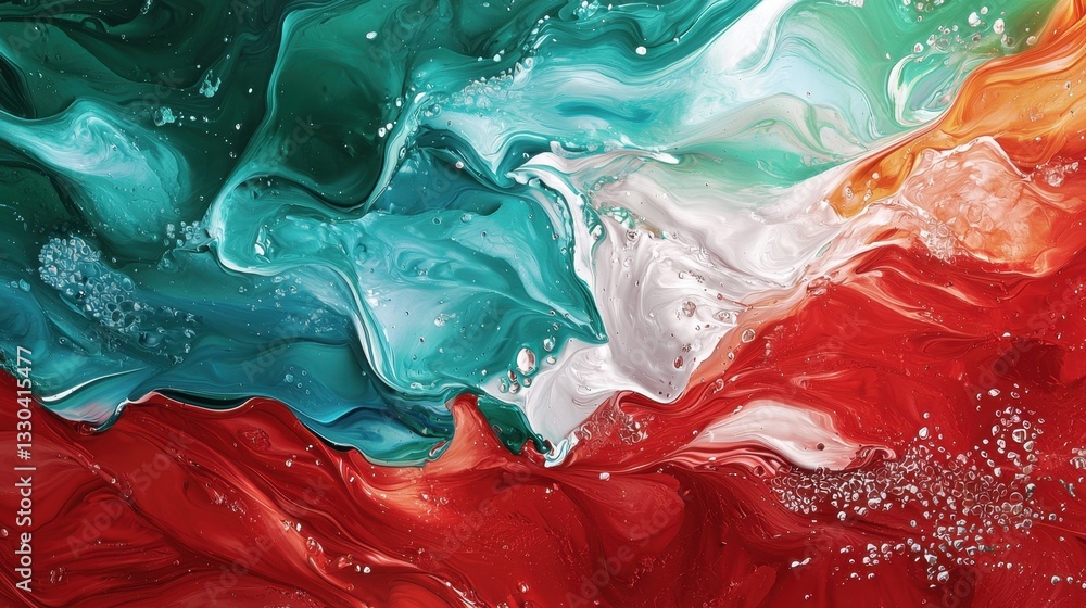Poster bold colors blend together in an abstract display reminiscent of a flag, with smooth waves of green,