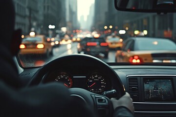Businessman navigating through heavy traffic in new york city at dusk, searching for a parking spot after a long day of work, surrounded by bustling urban life and city lights