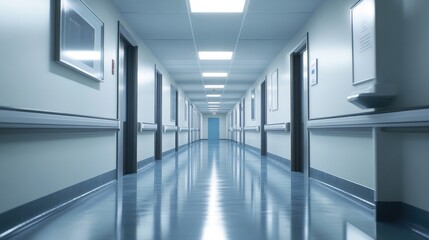 A modern hospital corridor with bright overhead lights and polished floors, leading to patient rooms