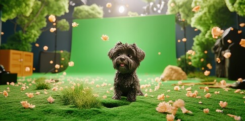 A small adorable dog sits in a green grassy environment