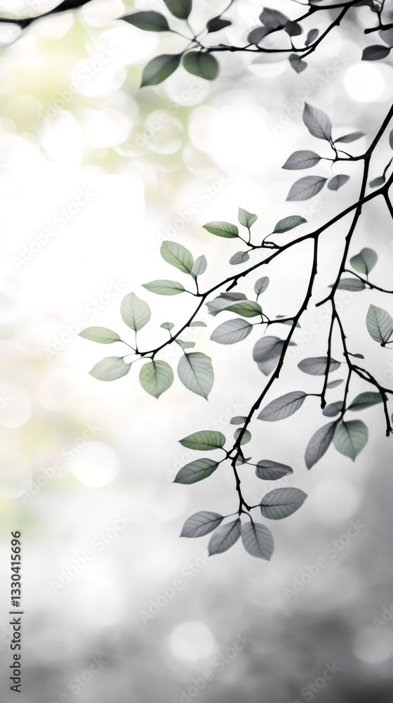 Poster soft sunlight filtering through green foliage, casting gentle bokeh on fresh spring leaves