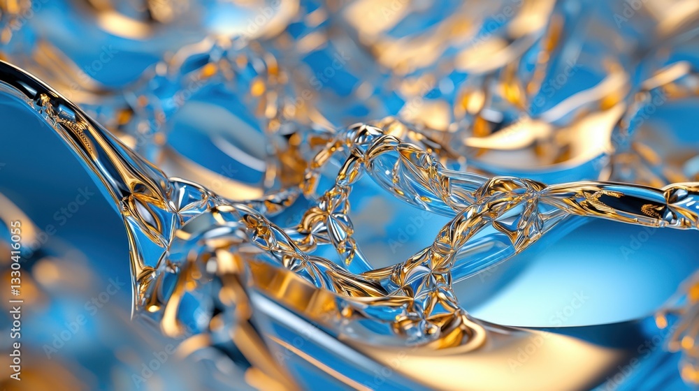 Poster swirling patterns of shiny metallic shapes interlace with fluid forms, creating a mesmerizing displa