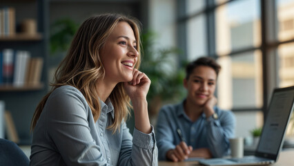 Smiling office female workers in an informal meeting discussing business. Brainstorming promotional, office efficiency or other job related ideas. Professional business setting.