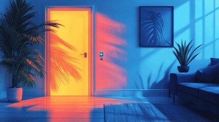 Vibrant interior design with warm sunlight streaming through a door, casting dramatic shadows on a modern living room.
