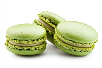 Few green macarons on white background. AI image