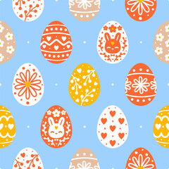 Seamless pattern with color Easter eggs on blue background for Your spring holiday design