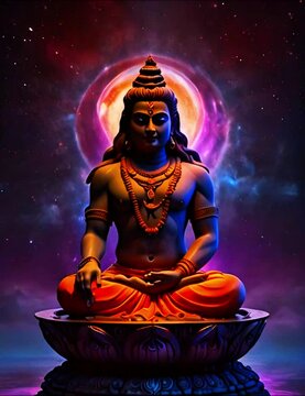 Indian Hindu god lord Rama meditating in lotus position in space with magical spiritual Brahma chakra behind the head like the universe breathing. Ram Hinduism spiritual yoga meditation generative AI 