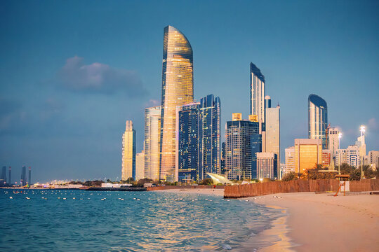 Beautiful beach with calm waves washing the sand at sunset, with modern skyscrapers of Abu Dhabi in United Arab Emirates