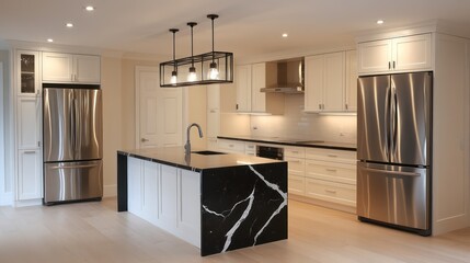 A fresh and airy kitchen design featuring white cabinetry, a sleek black marble island, and stainless steel appliances