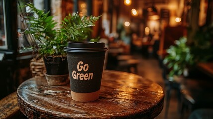 A reusable coffee cup on a wooden table with a "Go Green" slogan