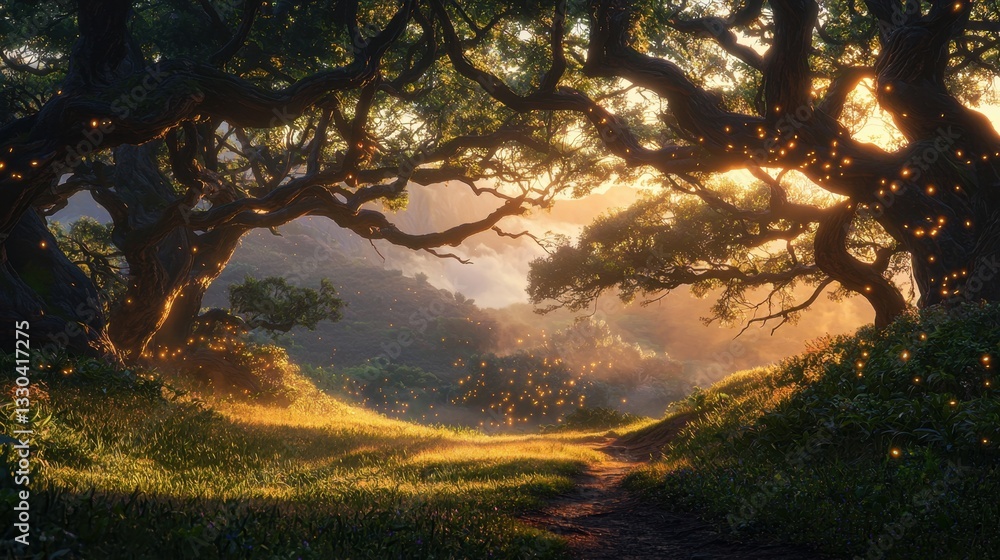 Poster a tranquil forest path with golden sunlight streaming through twisted branches. fireflies dance in t