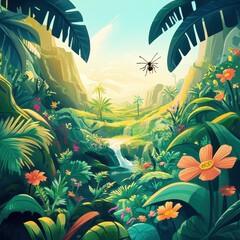 A vibrant cartoon image depicts a lush jungle landscape with a spider