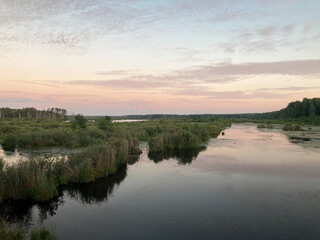 Mytishchi floodplains, Losiny Island National Park, view of Verkhneyauzsky swamps in summer at sunset
