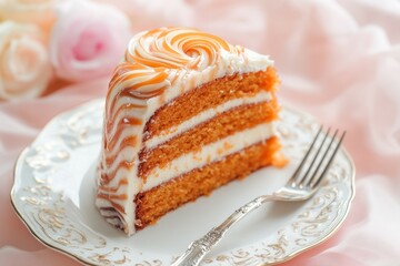 Decadent slice of caramel swirl cake on elegant plate. AI image