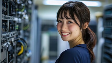 Smiling Female Technician in a Modern Server Room with Equipment