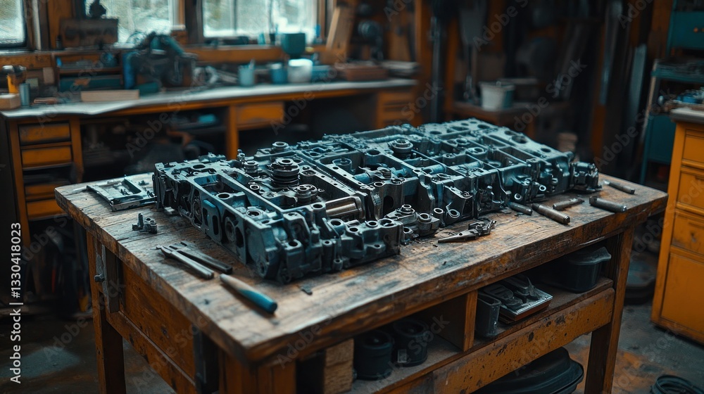 Poster disassembled engine components on a workbench in a workshop