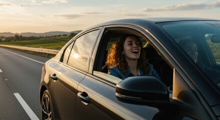A joyful woman in her early 30s sings passionately while driving her car on a highway, viewed from an external front perspective where the entire vehicle is visible