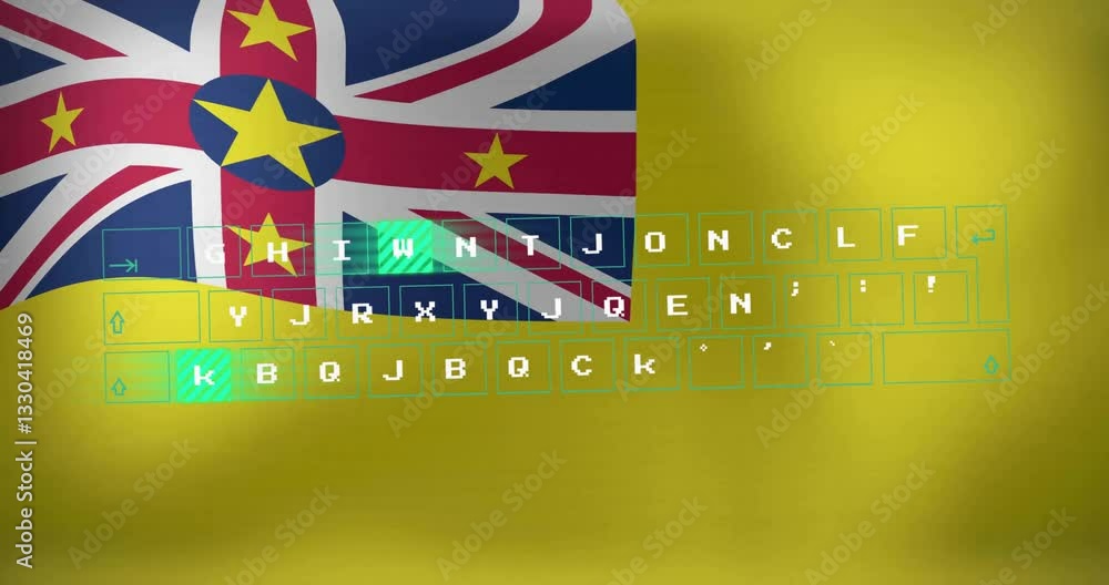 Poster animation of niue flag with keyboard overlay on yellow background