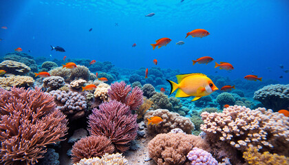 Obraz premium Vibrant coral reef teeming with colorful fish, underwater wonder