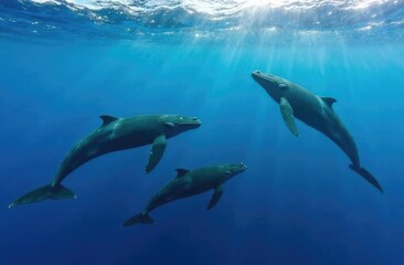 Fototapeta premium A school of dolphins in the sea underwater.