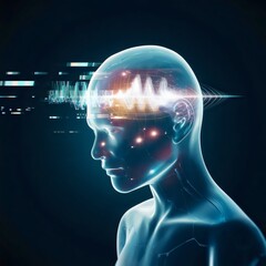 Holographic-style anxiety icon with transparent glowing figure and digital noise