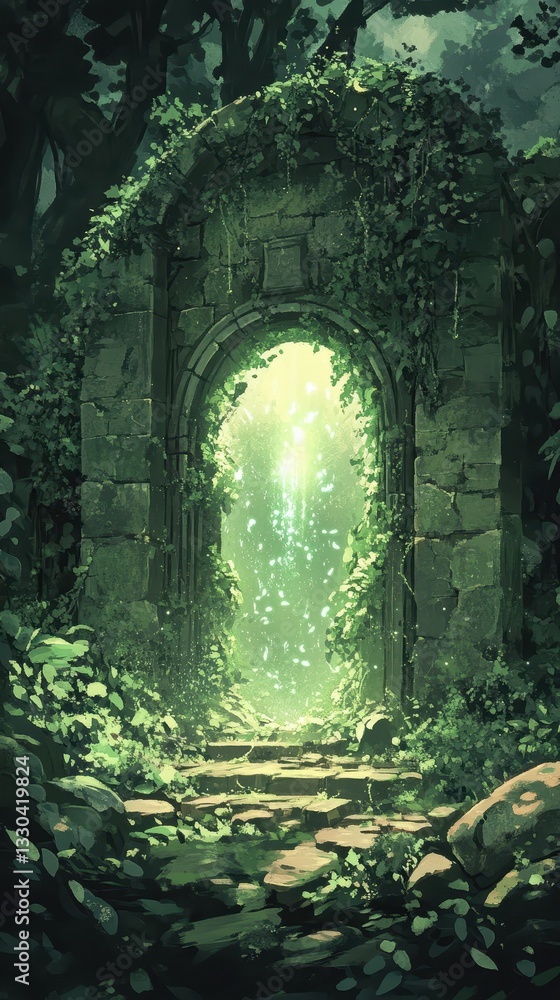 Poster an overgrown stone archway illuminated with ethereal glowing light within the forest