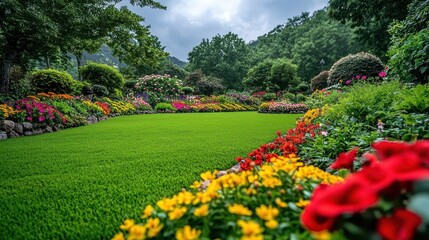 Obraz premium Vibrant garden filled with colorful flowers on a sunny day surrounded by lush greenery and hills in the background