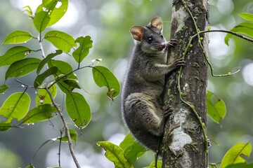 Fototapeta premium Detailed photo of a Green Ringtail Possum climbing a vine covered tree trunk textured bark soft natural lighting vibrant green leaves realistic fur details and a serene rainforest setting