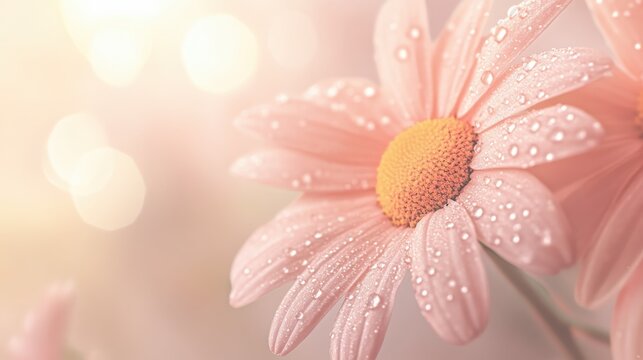 Macro shot of a delicate daisy flower adorned with beautiful, glistening rain drops on its soft petals.