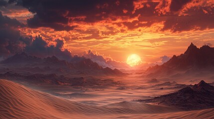 Fototapeta premium Golden sun sets over a vast desert landscape, illuminating rolling sand dunes and rugged mountain silhouettes under a colorful sky filled with clouds