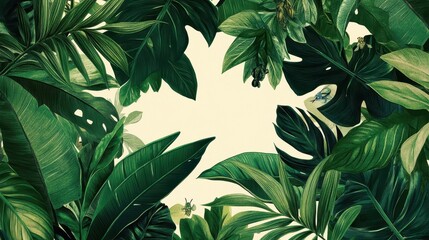 Lush green tropical leaves surround a light background space