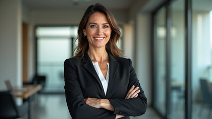 Positive Mid-Aged Female Leader: Cheerful Latin Professional with Arms Crossed Looking at Camera