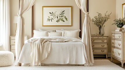A serene vintage bedroom with cream-colored walls