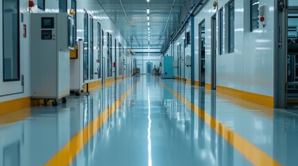 The corridor features smooth flooring and brightly lit walls, leading to various rooms in a modern industrial setting. This space emphasizes cleanliness and productivity