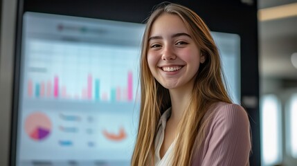 Professional young woman smiling confidently in modern office space with digital data screens showcasing analytics and graphs behind her