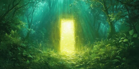 A bright yellow portal illuminates a vibrant forest scene with trees