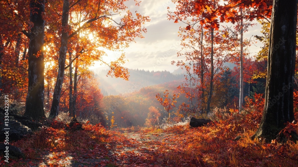 Poster a tranquil forest path is illuminated by warm sunlight filtering through vivid autumn leaves. the or
